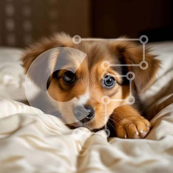 Intra Συλλεκτικό Ξύλινο Παζλ Plywood  4mm - Αξιολάτρευτη εικόνα ενός σκύλου σε ένα κρεβάτι με μεγάλα καστανά μάτια Σε Ξύλινο Κουτί - Διαστάσεις: 10x10 cm – 25 κομμάτια