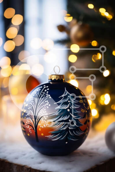 Intra Συλλεκτικό Ξύλινο Παζλ Plywood  4mm - Μπλε μπάλα με διακοσμητικό σχέδιο δέντρου και διακοσμήσεις διακοπών Σε Ξύλινο Κουτί - Διαστάσεις: 10x10 cm – 25 κομμάτια