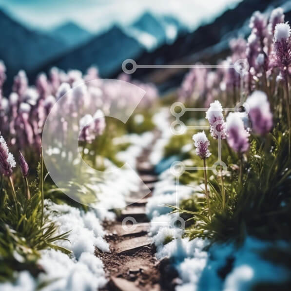 Intra Συλλεκτικό Ξύλινο Παζλ Plywood  4mm - Χιονισμένο μονοπάτι προς τα λουλούδια λούπινου στα βουνά Σε Ξύλινο Κουτί - Διαστάσεις: 10x10 cm – 25 κομμάτια