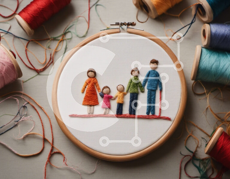 Intra Συλλεκτικό Ξύλινο Παζλ Plywood  4mm - Κέντημα τσέρκι με οικογενειακό πορτρέτο και καρούλια από κλωστή Σε Ξύλινο Κουτί - Διαστάσεις Puzzle: 10x10 cm – 25 κομμάτια