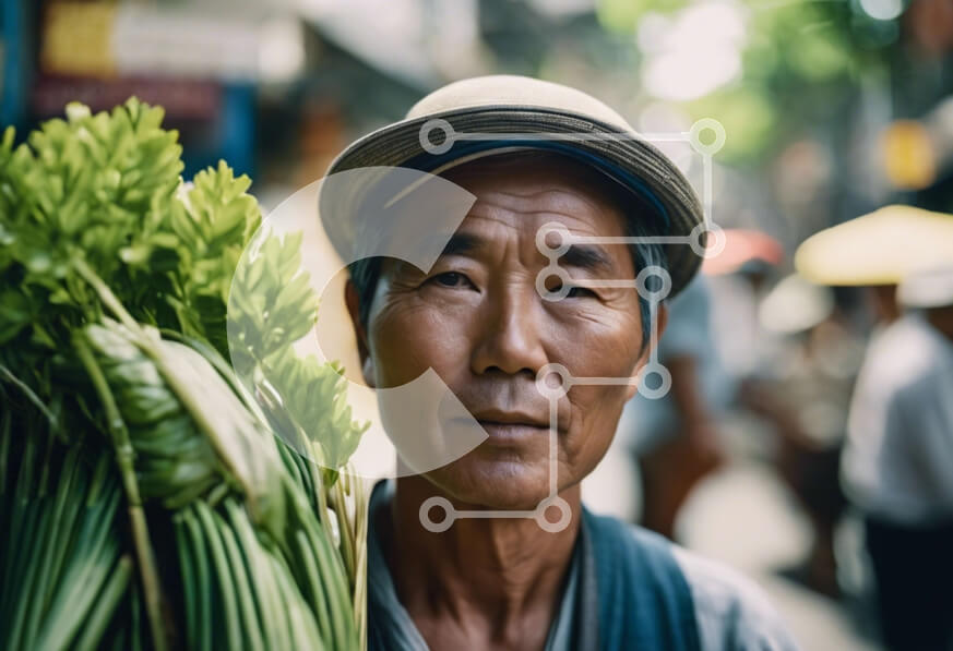 Intra Συλλεκτικό Ξύλινο Παζλ Plywood  4mm - Ασιάτης που κρατά πράσινα λαχανικά σε έναν δρόμο Σε Ξύλινο Κουτί - Διαστάσεις Puzzle: 10x10 cm – 25 κομμάτια