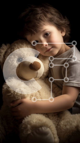 Intra Συλλεκτικό Ξύλινο Παζλ Plywood  4mm - Αξιολάτρευτη εικόνα νεαρού αγοριού και αρκουδάκι σε μαύρο φόντο Σε Ξύλινο Κουτί - Διαστάσεις Puzzle: 10x10 cm – 25 κομμάτια