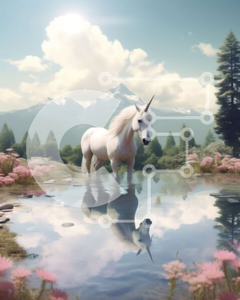 Intra Συλλεκτικό Ξύλινο Παζλ Plywood  4mm - Όμορφη εικόνα ενός λευκού μονόκερου σε μια λίμνη με ροζ λουλούδια και βουνά στο φόντο Σε Ξύλινο Κουτί - Διαστάσεις: 10x10 cm – 25 κομμάτια