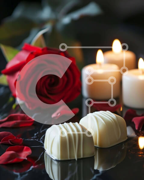 Intra Συλλεκτικό Ξύλινο Παζλ Plywood  4mm - Ρομαντικό σκηνικό με λευκές σοκολάτες, κόκκινο τριαντάφυλλο και κεριά Σε Ξύλινο Κουτί - Διαστάσεις Puzzle: 10x10 cm – 25 κομμάτια