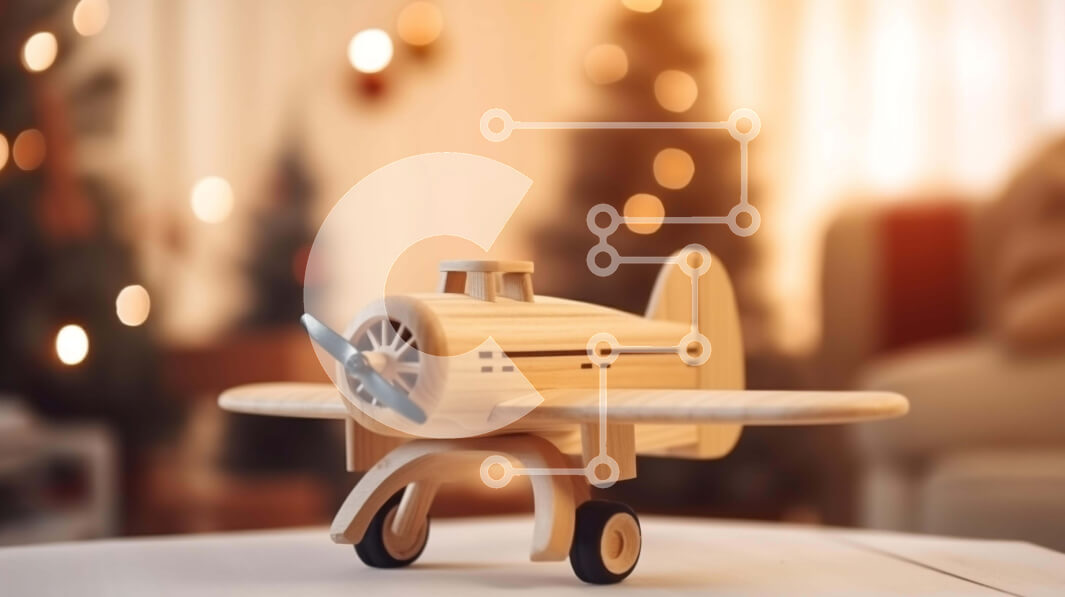 Intra Συλλεκτικό Ξύλινο Παζλ Plywood  4mm - Ξύλινο παιχνίδι αεροπλάνο στο τραπέζι με φόντο χριστουγεννιάτικο δέντρο Σε Ξύλινο Κουτί - Διαστάσεις Puzzle: 10x10 cm – 25 κομμάτια