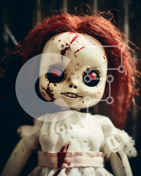 Intra Συλλεκτικό Ξύλινο Παζλ Plywood  4mm - Ανατριχιαστική κούκλα με κόκκινα μαλλιά και ματωμένα μάτια Σε Ξύλινο Κουτί - Διαστάσεις Puzzle: 10x10 cm – 25 κομμάτια