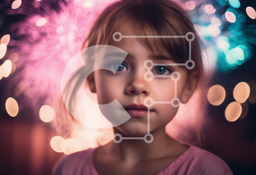 Intra Συλλεκτικό Ξύλινο Παζλ Plywood  4mm - Νεαρό κορίτσι με φωτεινά μπλε μάτια μπροστά από πολύχρωμα πυροτεχνήματα Σε Ξύλινο Κουτί - Διαστάσεις Puzzle: 10x10 cm – 25 κομμάτια