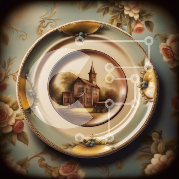 Intra Συλλεκτικό Ξύλινο Παζλ Plywood  4mm - Vintage στυλ πιάτο με ζωγραφική εκκλησίας και floral φόντο Σε Ξύλινο Κουτί - Διαστάσεις Puzzle: 10x10 cm – 25 κομμάτια