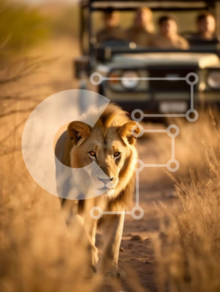 Σετ των 2 Intra Συλλεκτικό Ξύλινο Παζλ Plywood  4mm - Όμορφη εικόνα του λιονταριού που περπατά στην άγρια ​​φύση σε έναν χωματόδρομο Σε Ξύλινο Κουτί - Διαστάσεις: 10x10 cm – 25 κομμάτια