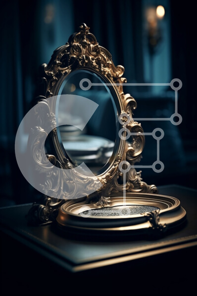 Intra Συλλεκτικό Ξύλινο Παζλ Plywood  4mm - Κομψός καθρέφτης με χρυσό πλαίσιο σε σκούρο ξύλινο κομοδίνο σε δωμάτιο με χαμηλό φωτισμό Σε Ξύλινο Κουτί - Διαστάσεις Puzzle: 10x10 cm – 25 κομμάτια