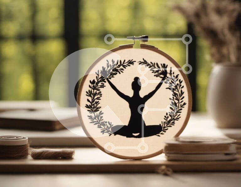 Intra Συλλεκτικό Ξύλινο Παζλ Plywood  4mm - Κέντημα τσέρκι με γυναίκα σε πόζα γιόγκα Σε Ξύλινο Κουτί - Διαστάσεις Puzzle: 10x10 cm – 25 κομμάτια