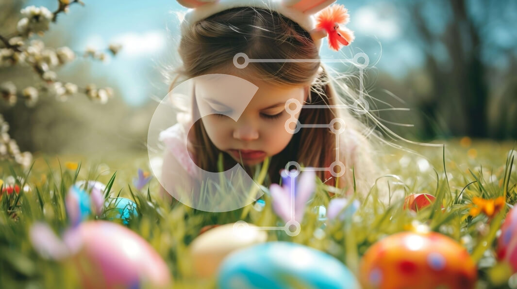 Intra Συλλεκτικό Ξύλινο Παζλ Plywood  4mm - Νεαρό κορίτσι με τα Πασχαλινά αυγά και τα αυτιά λαγουδάκι στο γρασίδι Σε Ξύλινο Κουτί - Διαστάσεις: 10x10 cm – 25 κομμάτια