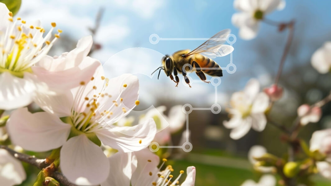 Intra Συλλεκτικό Ξύλινο Παζλ Plywood  4mm - Μέλισσα που αιωρείται κοντά στα λευκά άνθη κάτω από το φωτεινό μπλε ουρανό Σε Ξύλινο Κουτί - Διαστάσεις: 10x10 cm – 25 κομμάτια