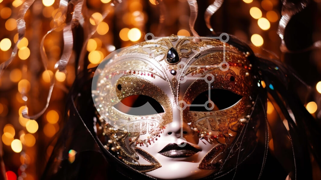 Intra Συλλεκτικό Ξύλινο Παζλ Plywood  4mm - Χρυσή και μαύρη βενετσιάνικη μάσκα με πολύχρωμα φώτα Σε Ξύλινο Κουτί - Διαστάσεις Puzzle: 10x10 cm – 25 κομμάτια