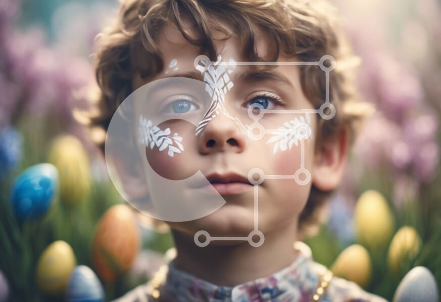 Intra Συλλεκτικό Ξύλινο Παζλ Plywood  4mm - Νεαρό αγόρι με βαμμένο πρόσωπο και μπλε μάτια ανάμεσα στα αυγά του Πάσχα Σε Ξύλινο Κουτί - Διαστάσεις: 10x10 cm – 25 κομμάτια