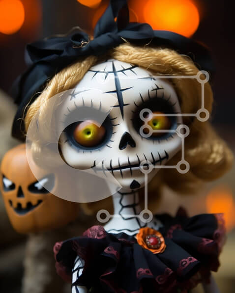 Intra Συλλεκτικό Ξύλινο Παζλ Plywood  4mm - Ασπρόμαυρη κούκλα με κόκκινα μάτια και κολοκύθα Σε Ξύλινο Κουτί - Διαστάσεις Puzzle: 10x10 cm – 25 κομμάτια