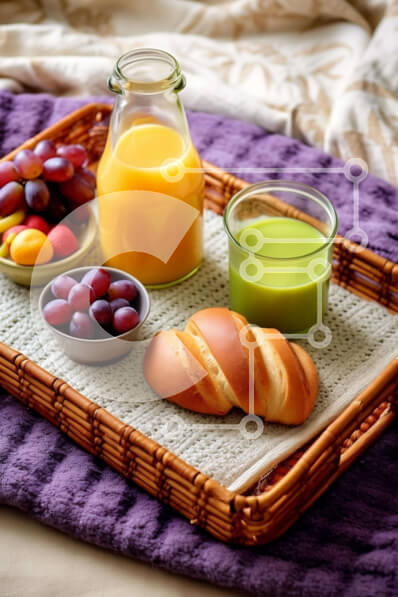 Σετ των 2 Intra Συλλεκτικό Ξύλινο Παζλ Plywood  4mm - Δίσκος πρωινού με ψωμί, σταφύλια και χυμό πορτοκαλιού Σε Ξύλινο Κουτί - Διαστάσεις: 10x10 cm – 25 κομμάτια