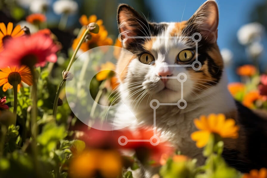 Σετ των 2 Intra Συλλεκτικό Ξύλινο Παζλ Plywood  4mm - Γάτα Calico που κάθεται σε ένα χωράφι με λουλούδια Σε Ξύλινο Κουτί - Διαστάσεις: 10x10 cm – 25 κομμάτια