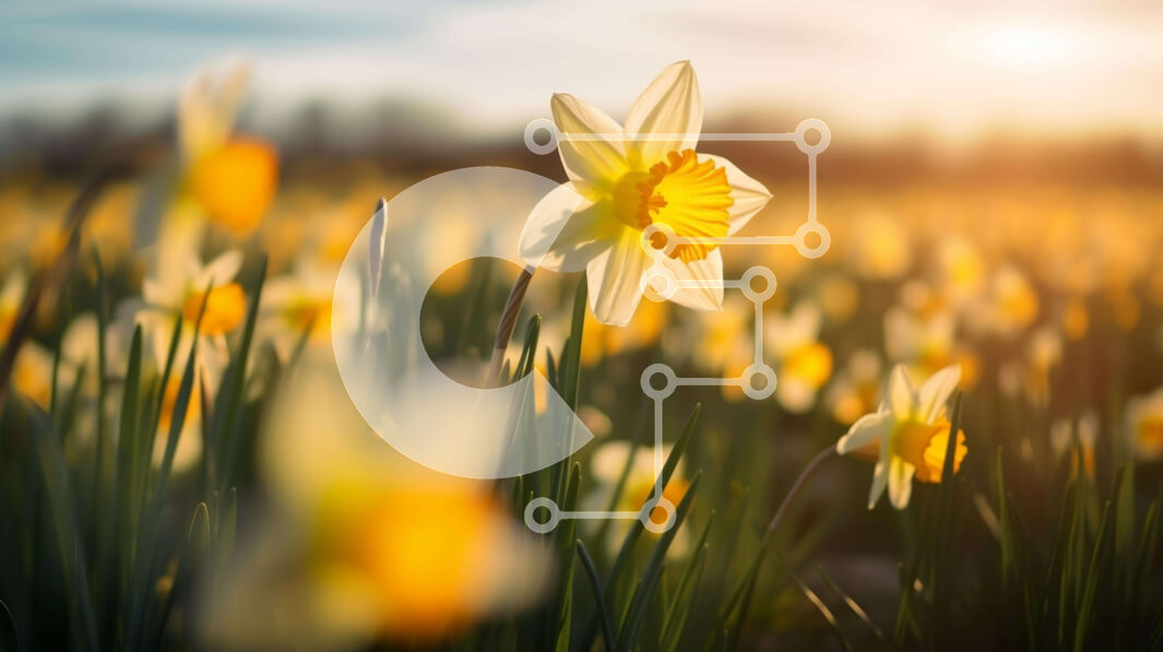 Intra Συλλεκτικό Ξύλινο Παζλ Plywood  4mm - Πεδίο με κίτρινους και λευκούς νάρκισσους στο ηλιοβασίλεμα Σε Ξύλινο Κουτί - Διαστάσεις: 10x10 cm – 25 κομμάτια