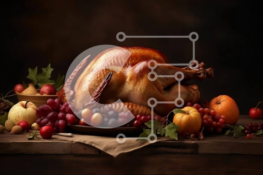 Σετ των 2 Intra Συλλεκτικό Ξύλινο Παζλ Plywood  4mm - Νόστιμη ψητή γαλοπούλα με σταφύλια, μήλα και πορτοκάλια σε ξύλινο τραπέζι Σε Ξύλινο Κουτί - Διαστάσεις: 10x10 cm – 25 κομμάτια