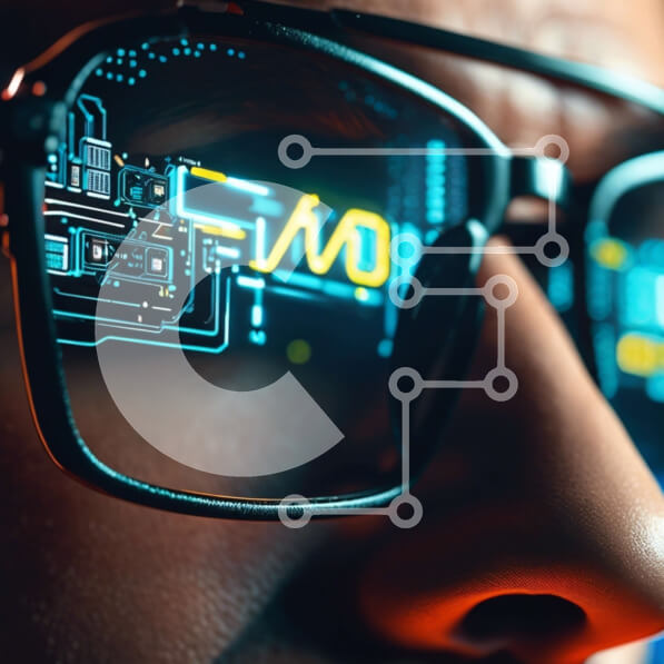 Intra Συλλεκτικό Ξύλινο Παζλ Plywood  4mm - Άνθρωπος που φοράει γυαλιά με ηλεκτρονικό κύκλωμα που εμφανίζεται στους φακούς Σε Ξύλινο Κουτί - Διαστάσεις Puzzle: 10x10 cm – 25 κομμάτια