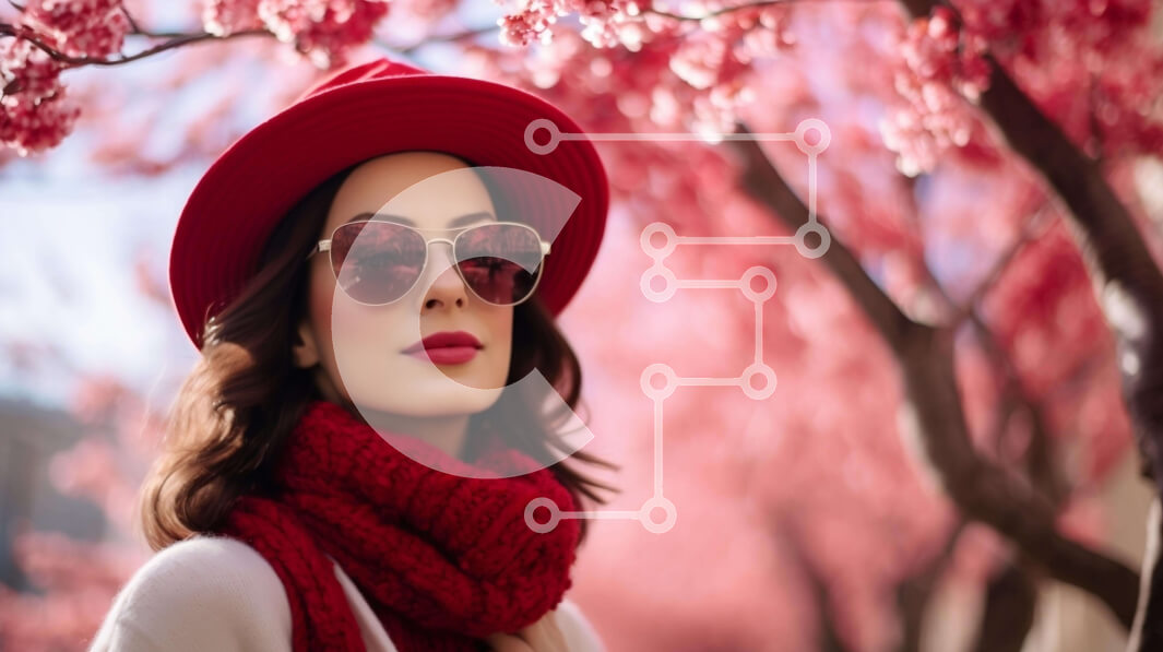 Intra Συλλεκτικό Ξύλινο Παζλ Plywood  4mm - Γυναίκα μπροστά από ανθισμένες κερασιές με κόκκινο καπέλο και γυαλιά ηλίου Σε Ξύλινο Κουτί - Διαστάσεις: 10x10 cm – 25 κομμάτια