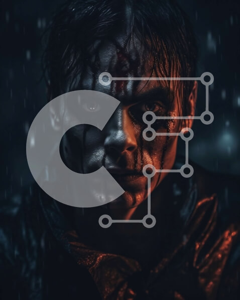 Intra Συλλεκτικό Ξύλινο Παζλ Plywood  4mm - Σκοτεινή και κυκλοθυμική εικόνα του άνδρα με κόκκινο και μαύρο μακιγιάζ στη βροχή Σε Ξύλινο Κουτί - Διαστάσεις Puzzle: 10x10 cm – 25 κομμάτια