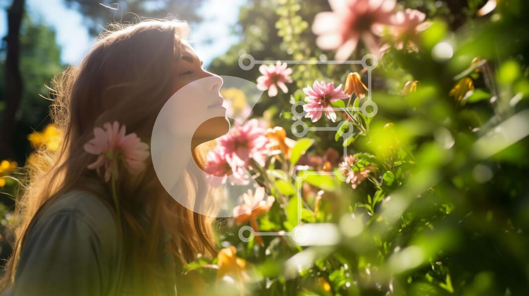 Intra Συλλεκτικό Ξύλινο Παζλ Plywood  4mm - Νεαρή γυναίκα που μυρίζει λουλούδια σε έναν κήπο Σε Ξύλινο Κουτί - Διαστάσεις: 10x10 cm – 25 κομμάτια