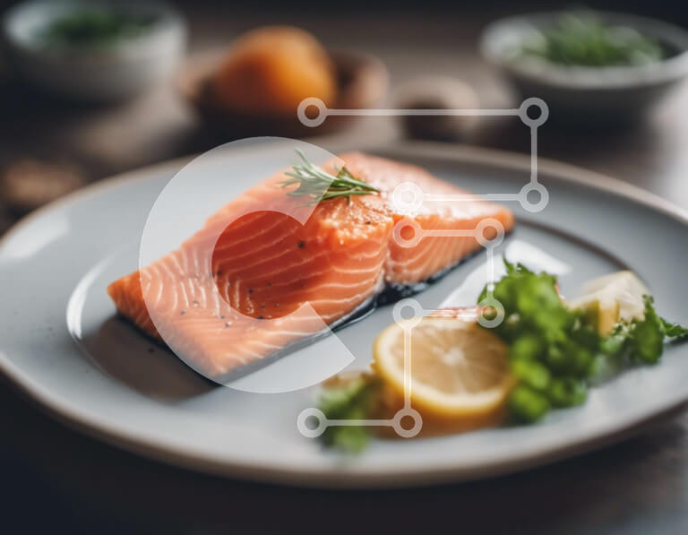 Σετ των 2 Intra Συλλεκτικό Ξύλινο Παζλ Plywood  4mm - Νόστιμο πιάτο σολομού σε λευκό πιάτο Σε Ξύλινο Κουτί - Διαστάσεις: 10x10 cm – 25 κομμάτια