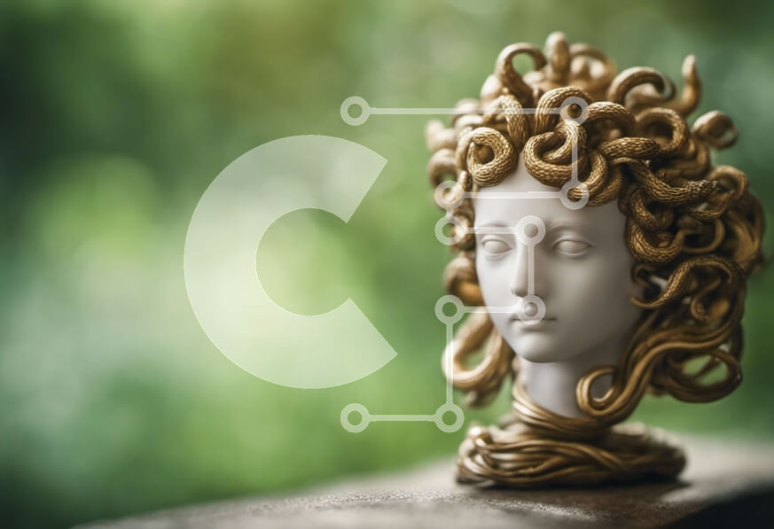 Intra Συλλεκτικό Ξύλινο Παζλ Plywood  4mm - Μπούστο της αρχαίας ελληνικής θεάς Methuselah με μαλλιά σαν φίδια σε ξύλινο τραπέζι Σε Ξύλινο Κουτί - Διαστάσεις Puzzle: 10x10 cm – 25 κομμάτια