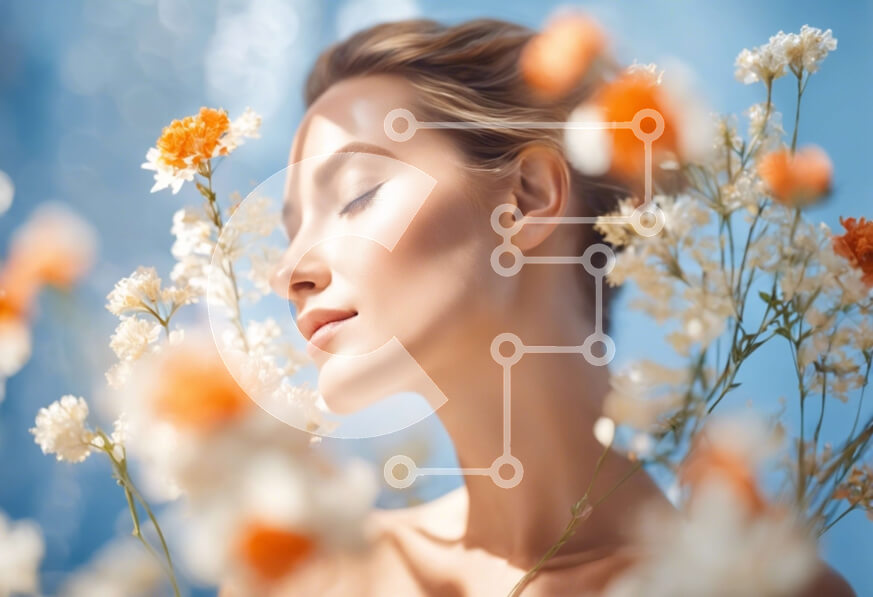 Intra Συλλεκτικό Ξύλινο Παζλ Plywood  4mm - Γυναίκα που περιβάλλεται από λευκά και πορτοκαλί λουλούδια Σε Ξύλινο Κουτί - Διαστάσεις Puzzle: 10x10 cm – 25 κομμάτια