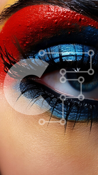 Intra Συλλεκτικό Ξύλινο Παζλ Plywood  4mm - Εκπληκτικό μακιγιάζ ματιών: Κοντινό πλάνο γυναικείου ματιού με μπλε, κόκκινο και μαύρο μακιγιάζ Σε Ξύλινο Κουτί - Διαστάσεις Puzzle: 10x10 cm – 25 κομμάτια