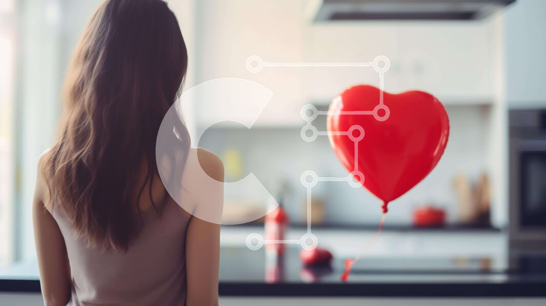 Intra Συλλεκτικό Ξύλινο Παζλ Plywood  4mm - Γυναίκα που γιορτάζει την ημέρα του Αγίου Βαλεντίνου στην κουζίνα με μπαλόνι σε σχήμα καρδιάς Σε Ξύλινο Κουτί - Διαστάσεις: 10x10 cm – 25 κομμάτια