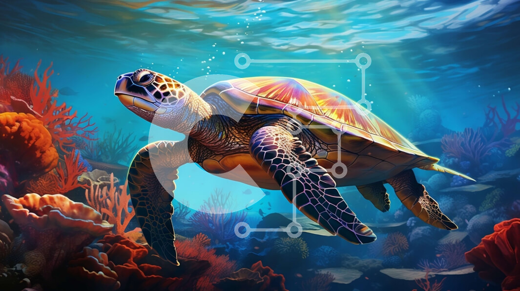 Intra Συλλεκτικό Ξύλινο Παζλ Plywood  4mm - Εκπληκτική εικόνα μιας πράσινης θαλάσσιας χελώνας που κολυμπά σε έναν πολύχρωμο κοραλλιογενή ύφαλο Σε Ξύλινο Κουτί - Διαστάσεις: 10x10 cm – 25 κομμάτια