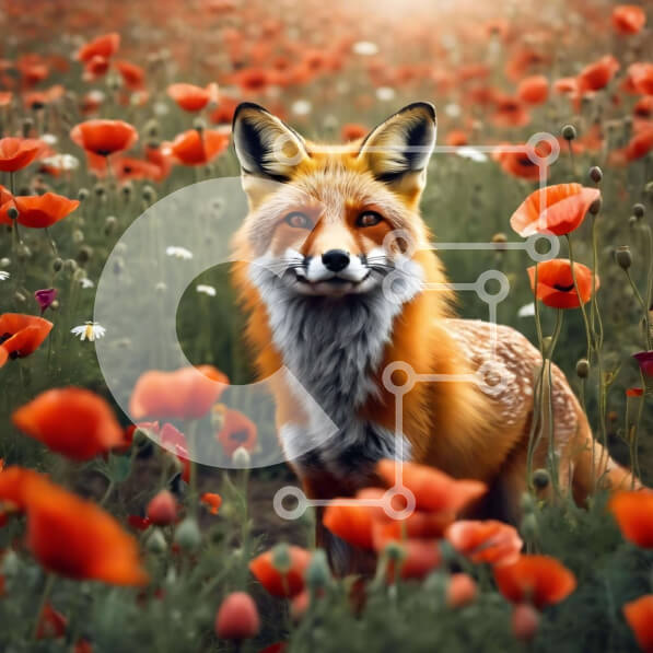 Intra Συλλεκτικό Ξύλινο Παζλ Plywood  4mm - Red Fox in Field of Poppy Flowers που περιβάλλεται από άλλα ζώα Σε Ξύλινο Κουτί - Διαστάσεις: 10x10 cm – 25 κομμάτια