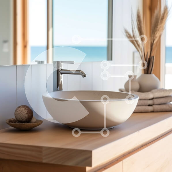 Intra Συλλεκτικό Ξύλινο Παζλ Plywood  4mm - Όμορφο μοντέρνο μπάνιο με θέα στον ωκεανό και νιπτήρα από φυσικό ξύλο Σε Ξύλινο Κουτί - Διαστάσεις Puzzle: 10x10 cm – 25 κομμάτια