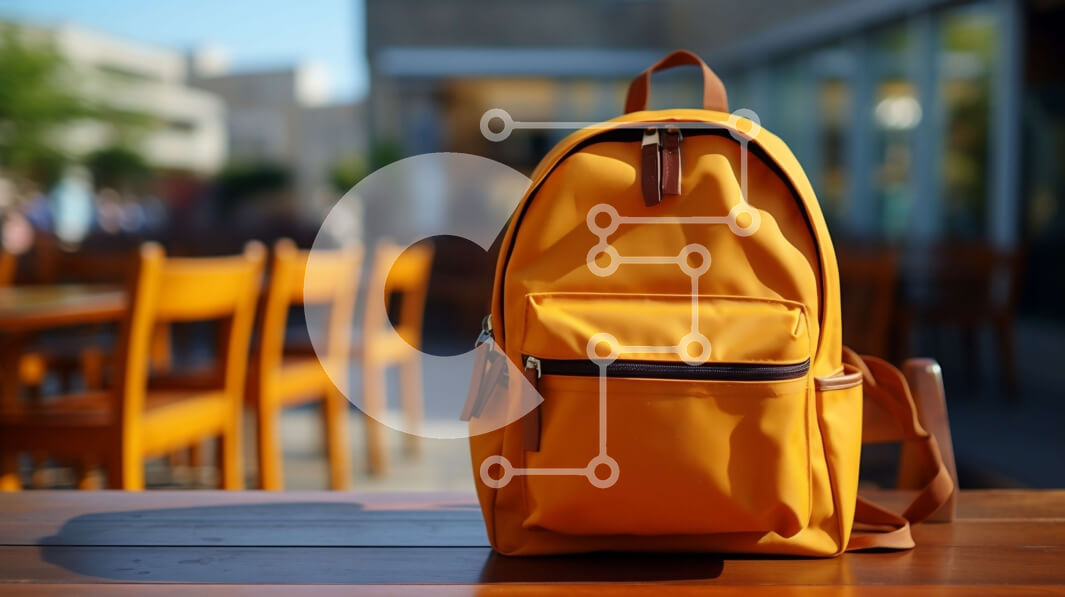 Intra Συλλεκτικό Ξύλινο Παζλ Plywood  4mm - Κίτρινο σακίδιο πλάτης σε ξύλινο τραπέζι με υπαίθριο κάθισμα Σε Ξύλινο Κουτί - Διαστάσεις Puzzle: 10x10 cm – 25 κομμάτια