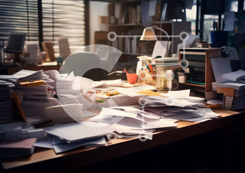 Intra Συλλεκτικό Ξύλινο Παζλ Plywood  4mm - Ακατάστατο γραφείο με χαρτιά και φορητό υπολογιστή Σε Ξύλινο Κουτί - Διαστάσεις Puzzle: 10x10 cm – 25 κομμάτια