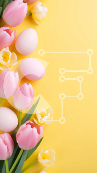 Intra Συλλεκτικό Ξύλινο Παζλ Plywood  4mm - Πασχαλινή γιορτή με ροζ τουλίπες και Πασχαλινά αυγά σε κίτρινο φόντο Σε Ξύλινο Κουτί - Διαστάσεις: 10x10 cm – 25 κομμάτια