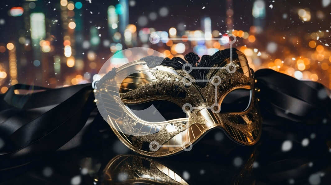 Intra Συλλεκτικό Ξύλινο Παζλ Plywood  4mm - Μαύρη και χρυσή μάσκα μεταμφίεσης σε φωτισμένο αστικό τοπίο τη νύχτα Σε Ξύλινο Κουτί - Διαστάσεις Puzzle: 10x10 cm – 25 κομμάτια