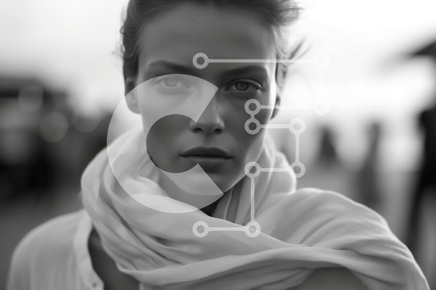 Intra Συλλεκτικό Ξύλινο Παζλ Plywood  4mm - Όμορφο πορτρέτο μιας γυναίκας που κοιτάζει την κάμερα με ένα άσπρο μαντίλι Σε Ξύλινο Κουτί - Διαστάσεις Puzzle: 10x10 cm – 25 κομμάτια