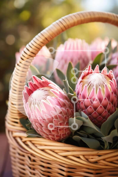 Σετ των 2 Intra Συλλεκτικό Ξύλινο Παζλ Plywood  4mm - Ροζ λουλούδια Protea σε ψάθινο καλάθι Σε Ξύλινο Κουτί - Διαστάσεις: 10x10 cm – 25 κομμάτια