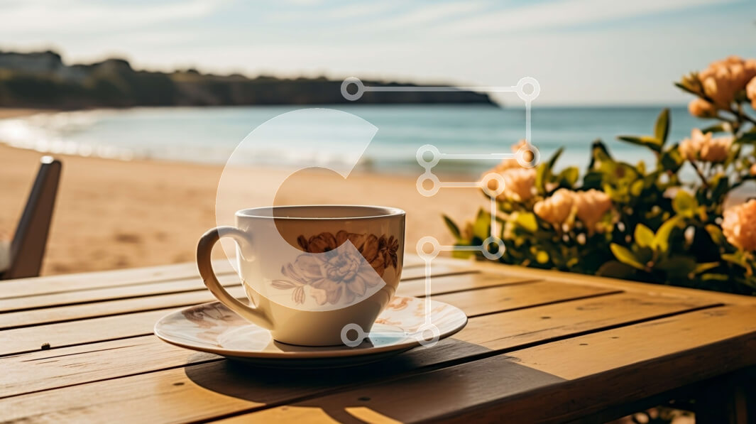 Intra Συλλεκτικό Ξύλινο Παζλ Plywood  4mm - Φλιτζάνι καφέ σε ξύλινο τραπέζι με φόντο παραλία Σε Ξύλινο Κουτί - Διαστάσεις: 10x10 cm – 25 κομμάτια