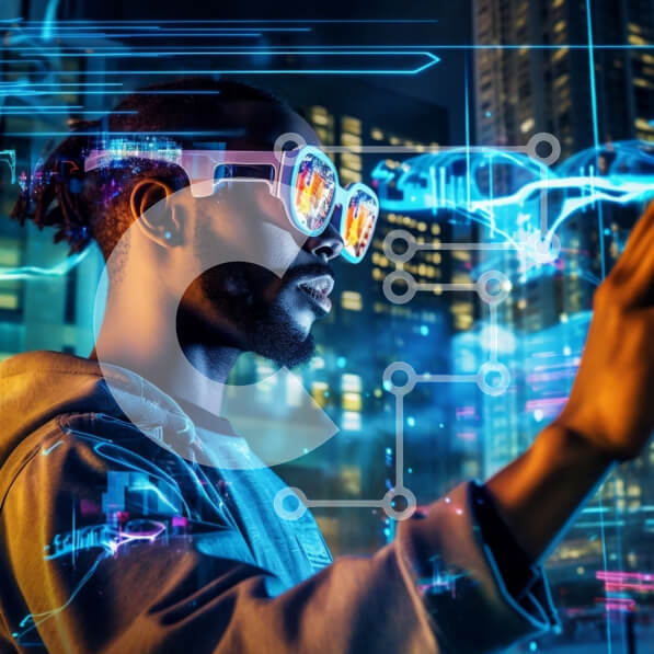 Intra Συλλεκτικό Ξύλινο Παζλ Plywood  4mm - Φουτουριστική τεχνολογία: Άνθρωπος με γυαλιά και tablet μπροστά από τον ορίζοντα της πόλης τη νύχτα Σε Ξύλινο Κουτί - Διαστάσεις Puzzle: 10x10 cm – 25 κομμάτια