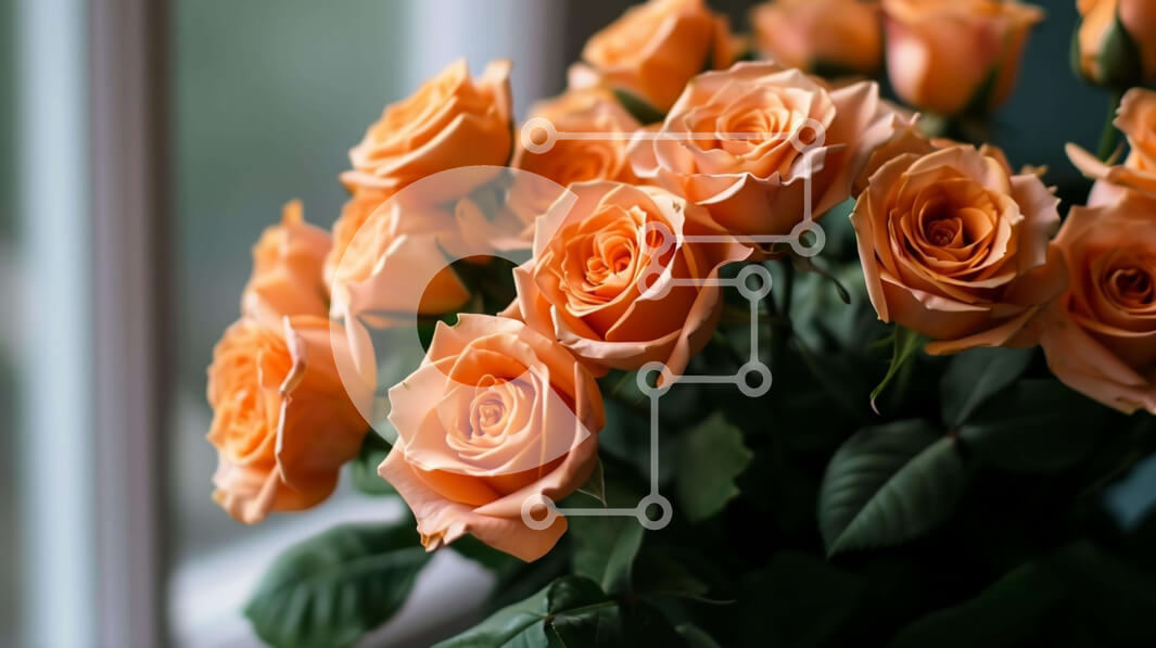 Intra Συλλεκτικό Ξύλινο Παζλ Plywood  4mm - Μπουκέτο με πορτοκαλί τριαντάφυλλα μπροστά από ένα ανοιχτό παράθυρο Σε Ξύλινο Κουτί - Διαστάσεις: 10x10 cm – 25 κομμάτια