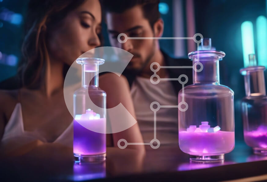 Intra Συλλεκτικό Ξύλινο Παζλ Plywood  4mm - Ρομαντικό ζευγάρι με γυάλινα βάζα και μπουκάλια Σε Ξύλινο Κουτί - Διαστάσεις Puzzle: 10x10 cm – 25 κομμάτια