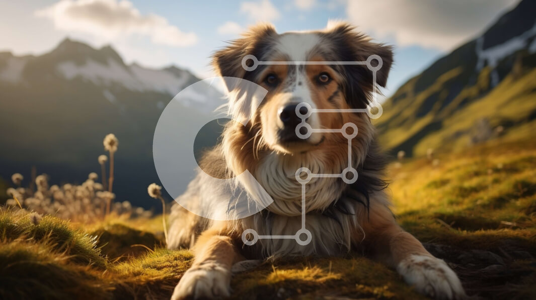 Intra Συλλεκτικό Ξύλινο Παζλ Plywood  4mm - Αυστραλιανός ποιμενικός σκύλος στο Grassy Hill με φόντο το βουνό Σε Ξύλινο Κουτί - Διαστάσεις: 10x10 cm – 25 κομμάτια