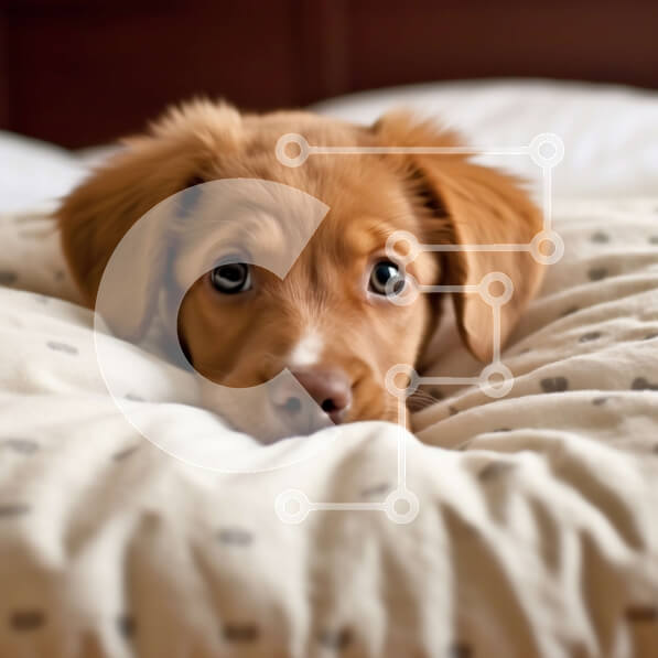 Intra Συλλεκτικό Ξύλινο Παζλ Plywood  4mm - Αξιολάτρευτο καφέ σκυλί με μεγάλα καστανά μάτια ξαπλωμένο σε ένα λευκό κρεβάτι Σε Ξύλινο Κουτί - Διαστάσεις: 10x10 cm – 25 κομμάτια