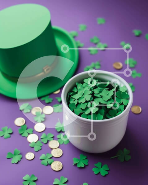 Intra Συλλεκτικό Ξύλινο Παζλ Plywood  4mm - Εορτασμός της Ημέρας του Αγίου Πατρικίου με καπέλο σε σχήμα τριφύλλου, νομίσματα και πράσινα τριφύλλια Σε Ξύλινο Κουτί - Διαστάσεις: 10x10 cm – 25 κομμάτια