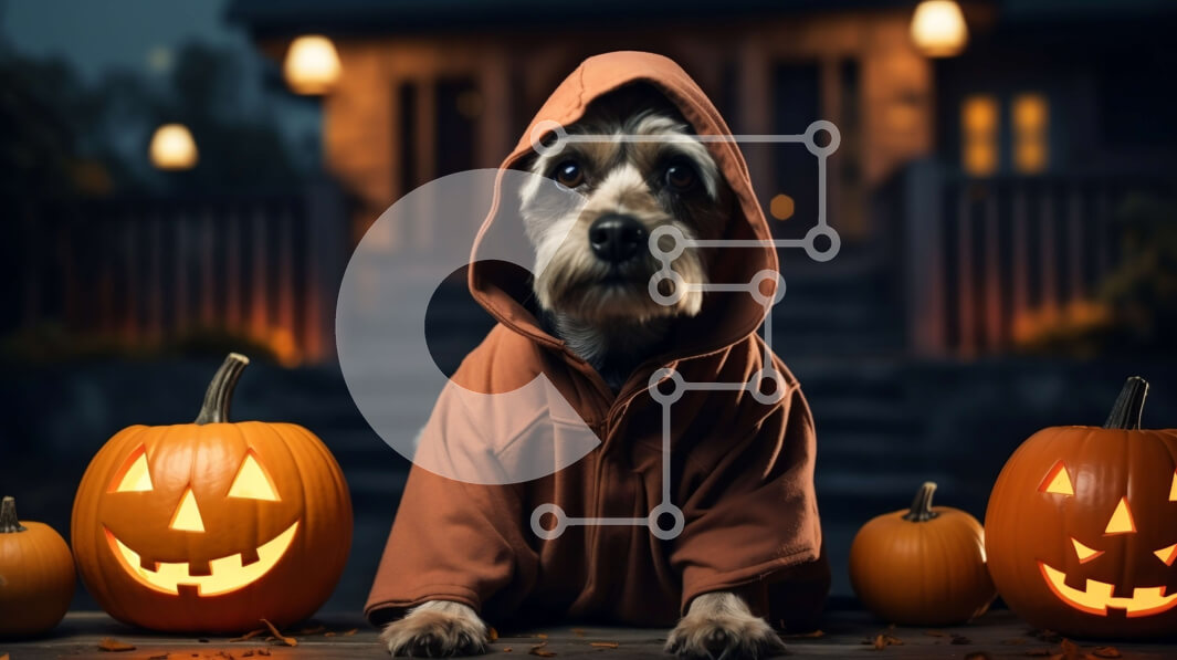 Σετ των 2 Intra Συλλεκτικό Ξύλινο Παζλ Plywood  4mm - Μικρό σκυλί με καφέ κουκούλα που κάθεται μπροστά από σκαλιστές κολοκύθες Σε Ξύλινο Κουτί - Διαστάσεις: 10x10 cm – 25 κομμάτια